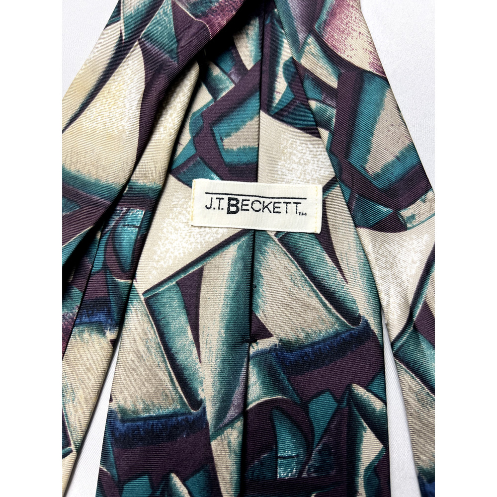 Vintage‎ 80s J.T. Beckett Tie Abstract Watercolor Teal Maroon Cream Silk Necktie